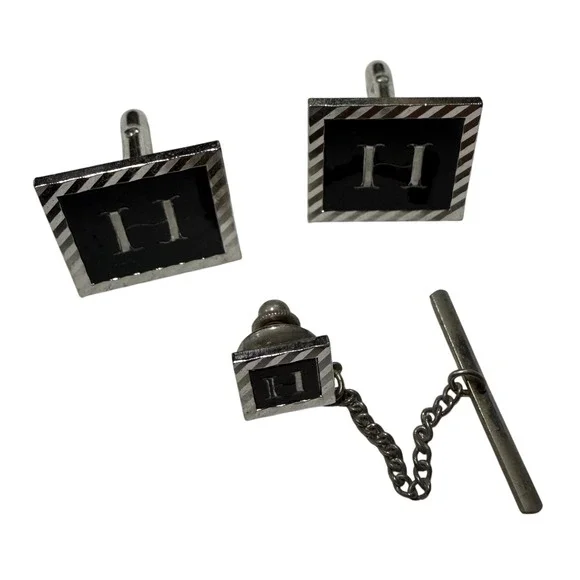 Vintage Mens Initial H Cufflinks & Tie Tac Set Black Silver Tone Monogram Square