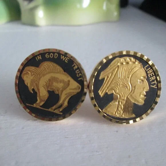 Vintage Cufflinks Round Bison Buffalo Indian‎ Head Diamond Cut Cufflinks