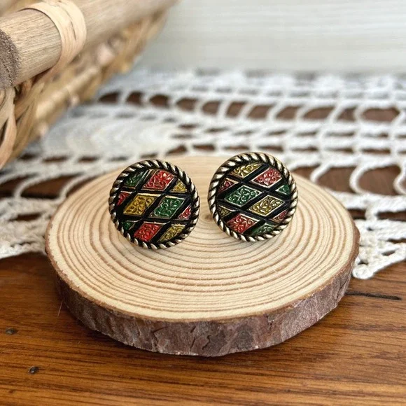 Sarah Coventry Vintage Gold Tone Enamel Harlequin Geometric Cufflinks‎ Round