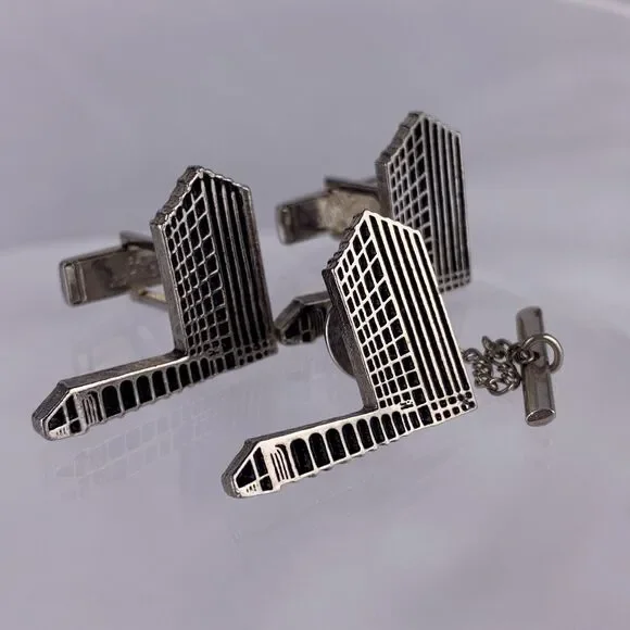 Architecture Office Building Silver Tone Cufflinks & Tie Pin Tower Vintage K1