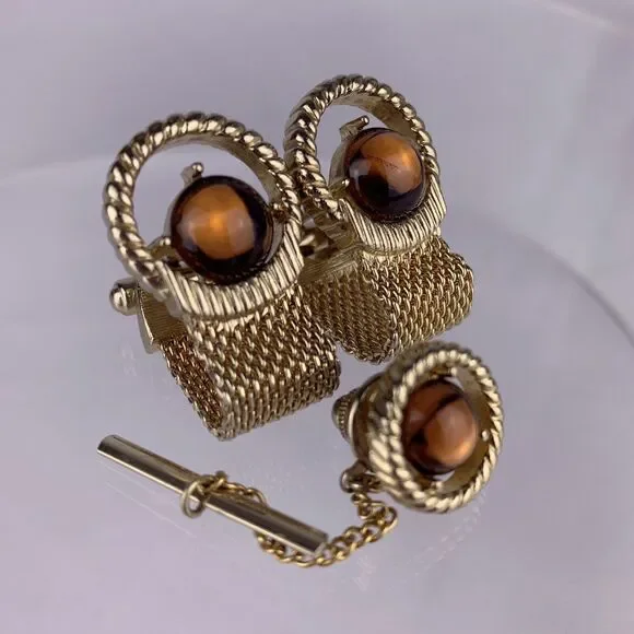 Amber Color Lucite Cufflinks & Tie Pin Gold Tone Wrap Acrylic Mid Century VTG K1
