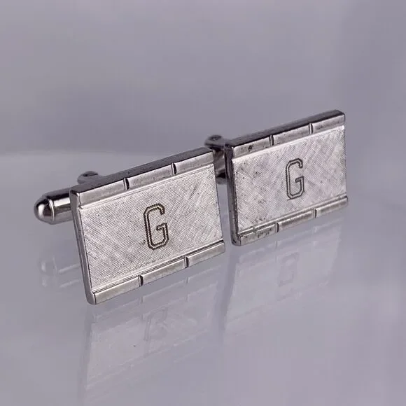 G Initial Monogram Cufflinks Block Letter Silver Tone Textured Anson Vintage K1