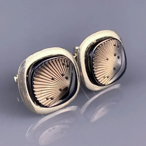 Brown Copper Lucite Seashell Cufflinks Gold Tone Rays Shell Lines Vintage