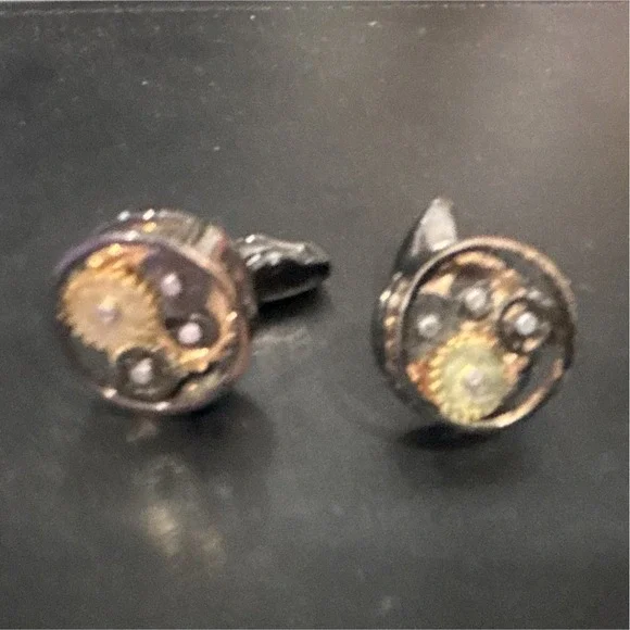 Men's Silver Tone Steampunk Round Cufflinks Bullet Back Pair