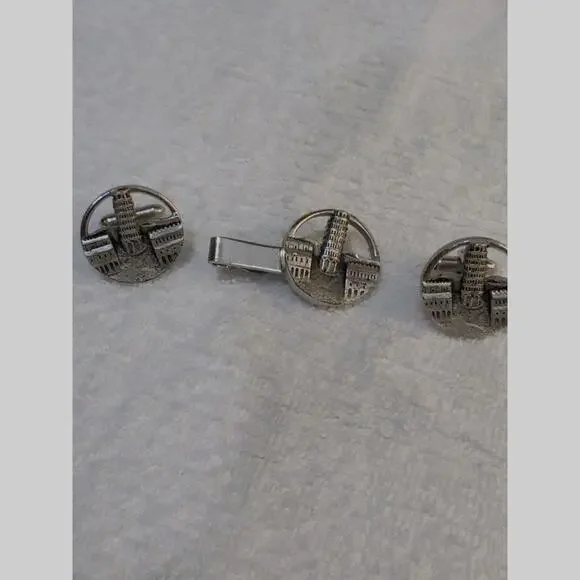 Vintage Swank Leaning Tower of Pisa Cufflinks Tie Clip Set Silver Tone