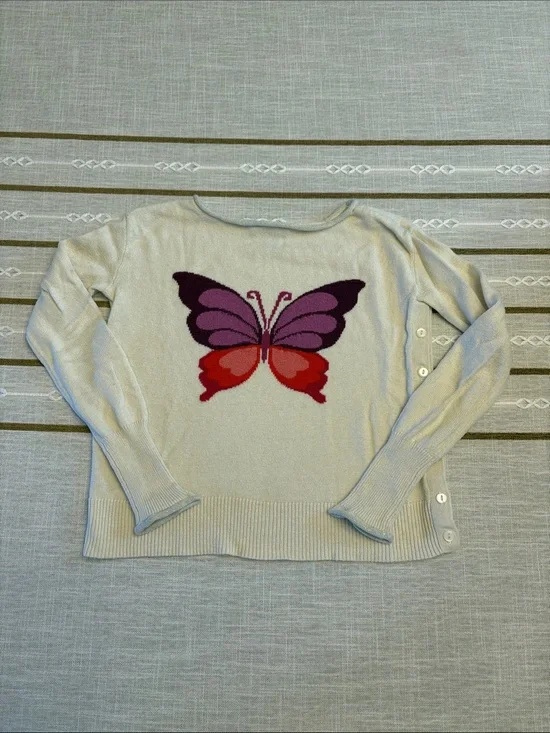 GAP Cream Sweater with Purple and Red Butterfly Motif