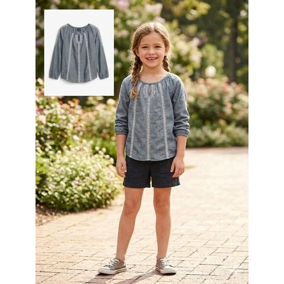 GapKids Girls Size M Blue Chambray Embroidered Long Sleeve Blouse Top