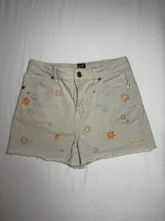 GAP Denim Girls Embroidered Flower Peace Sign Mom Shorts Size 12