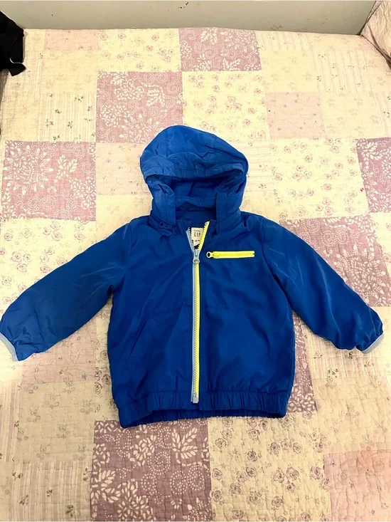 GAP Blue Kids Hooded Rain Jacket with Yellow Zipper Accent