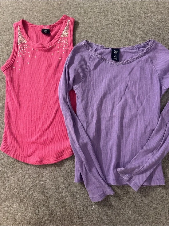 5/$15- GAP Girls Hot Pink Sequin Tank + Lavender Ribbed Long Sleeve Top - 2-Pack