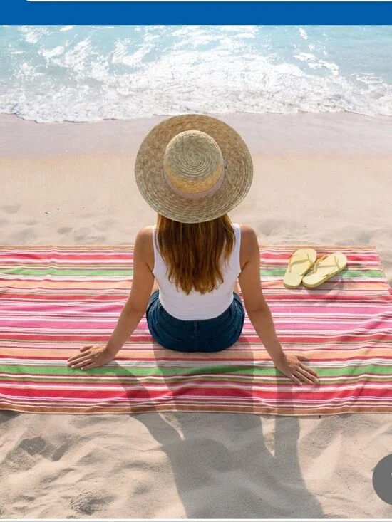 (Ew) 2 In 1 Striped Beach Towel And Tote Bag -