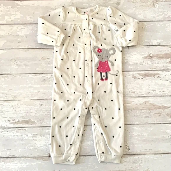 Carters 24m Fleece Romper One Piece Outfit Bunting Sleeper Pjs White Polka Dots