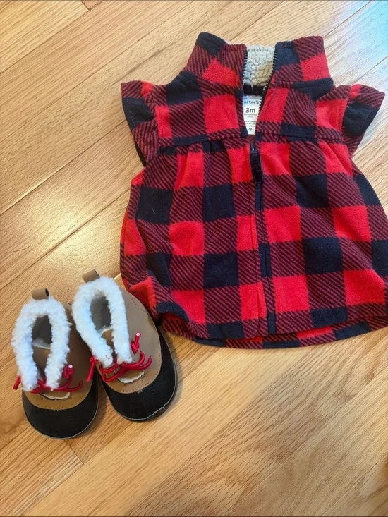 Carter's Red & Black Buffalo Plaid fleece Vest with booties