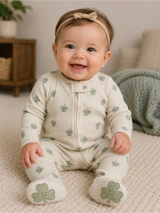 Carter's Cream Ribbed One-Piece with Green Clover Print