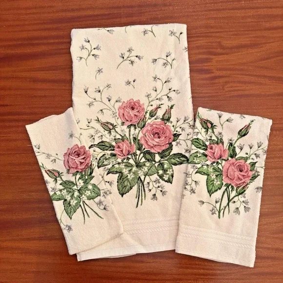 R.A.‎ Briggs Vintage Rose Towel Set – 3 Pc Bath Hand Washcloth – 1987 USA NOS