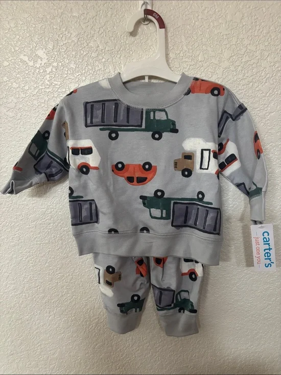Carter's Light Gray Vehicle Print Pajama Set with Red & Green Accents