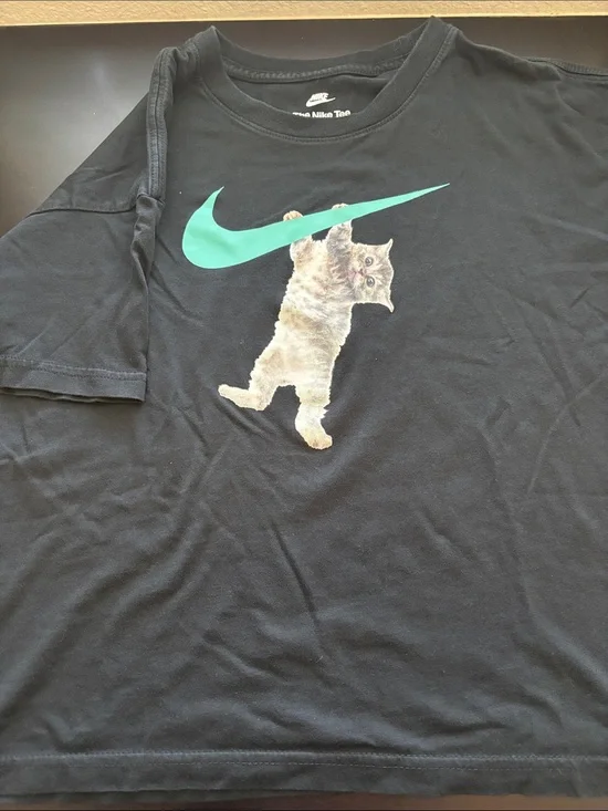 Girls Nike Black Tee with Teal Swoosh and Hanging Kitten
