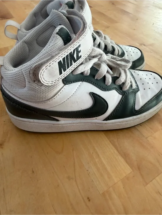 Nike Kids White and Dark Green High-Top Sneakers with Swoosh