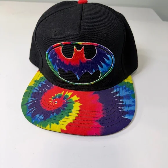 DC Comics Batman Snapback Hat Black Tie Dye Flat Brim Adjustable Cap Retro‎ Logo