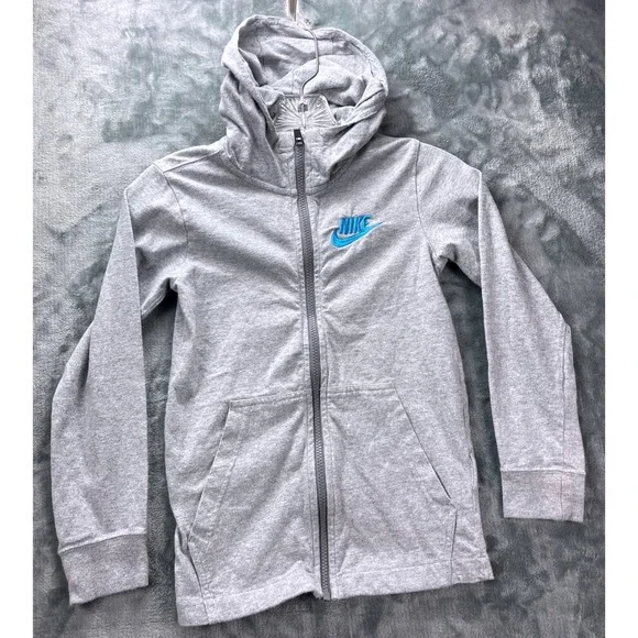 Nike Kids Small Gray Blue Full‎ Zip Hoodie Cotton Logo AA6628-063