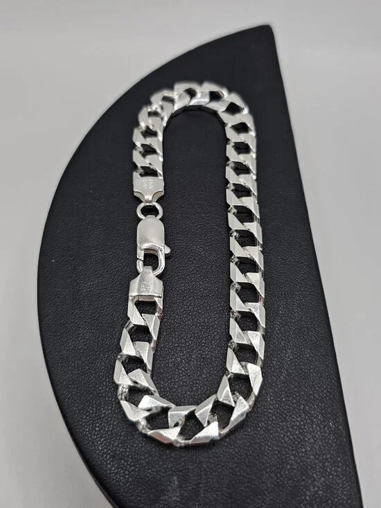 Silver 925 High Polished Diamond Cut 10 Sided Squared Curb Bracelet 7.2mm 8 inch