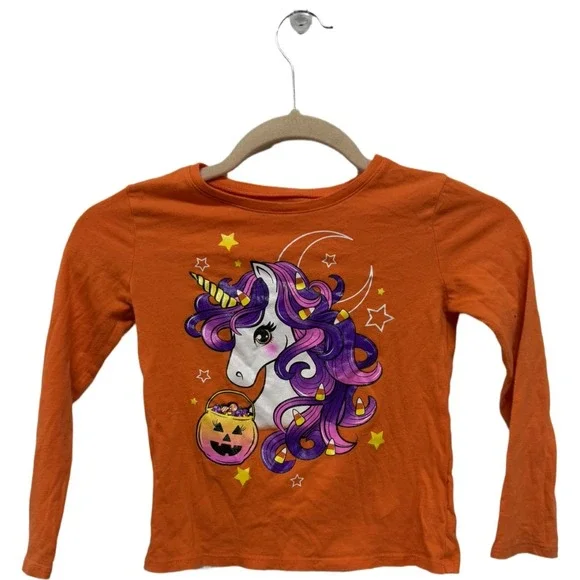The Children's Place Girls 5/6 Halloween Unicorn Candy Corn Orange Shirt