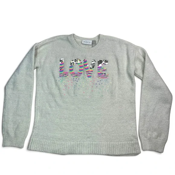 The Children's Place Grey Shimmer LOVE Sweater Girls Size 14 XL Rainbow Sequin