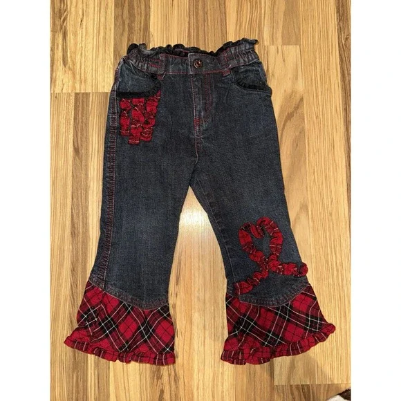 The Children's Place TCP Girls 3T Denim Flared Jeans Red Plaid EUC‎ Y2K