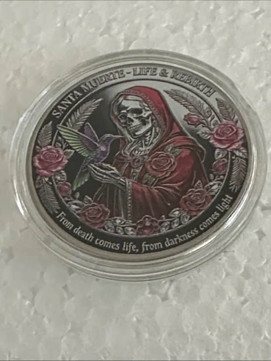 Santa Muerte Decorative Art Collectible Coin- Red & Pink Accent