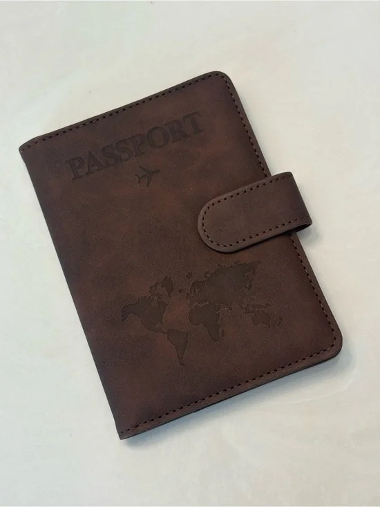 NEW Dark Brown Vegan Leather Slim Passport Holder RFID Blocking Embossed 7 pkt