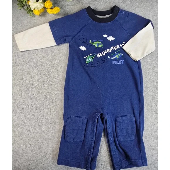 Gymboree Helicopter Romper Y2K 12-18m Blue Pilot Graphic Vintage 2007 Cotton