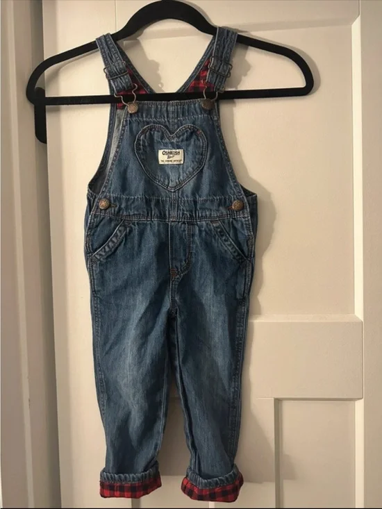 OshKosh B'gosh Blue Denim Kids Heart Pocket Overalls with Red Plaid Cuffs