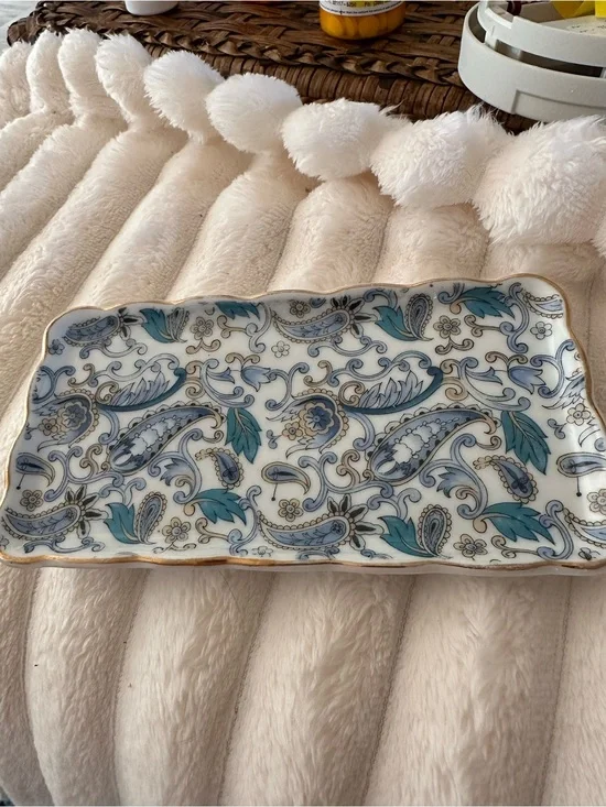 Vintage Lefton China Trinket dish Blue Paisley Design