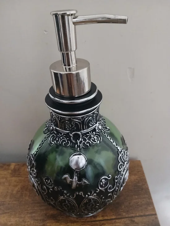 Ornate Green Glass Soap Dispenser with Silver Accents