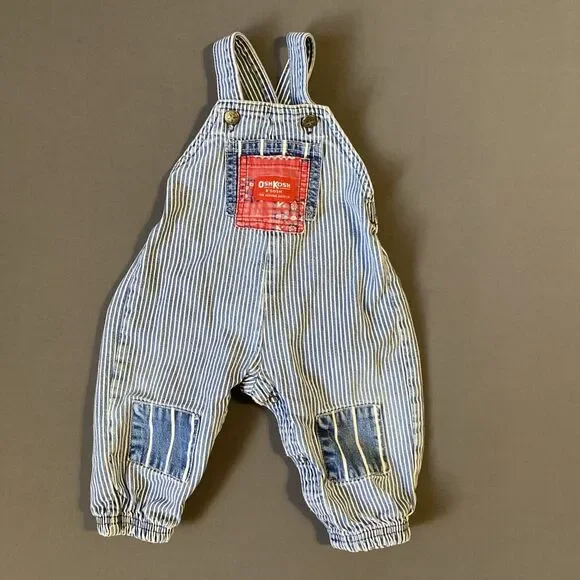 OshKosh B'gosh Denim Overalls 12M Hickory Stripe Red Tag Denim Patch Knees Baby