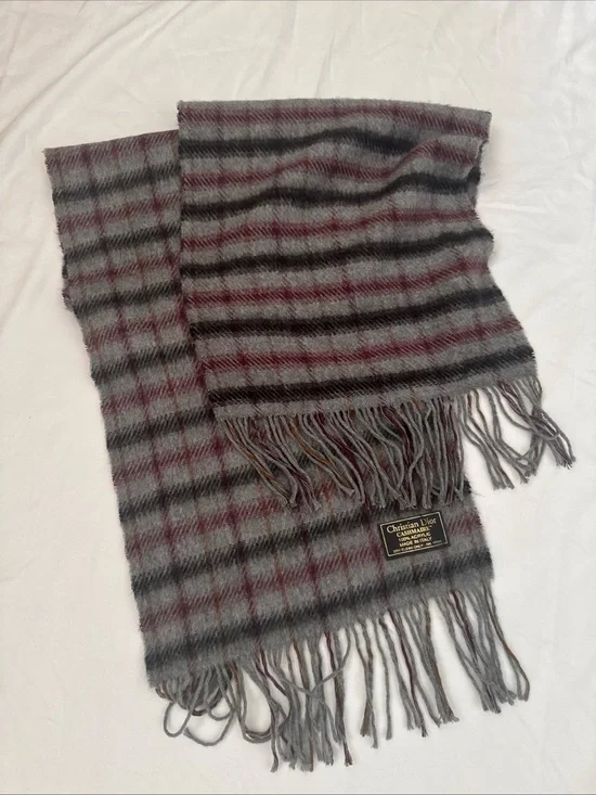 Christian Dior   Grey & Maroon  Wool Scarf