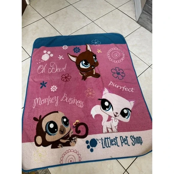 Vtg LPS Littlest Pet Shop Fleece Plush Throw Blanket Deer Monkey Cat 59