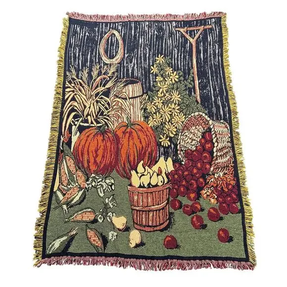 Vintage Fall Harvest Woven Tapestry Throw Blanket Fringed Pumpkins 48