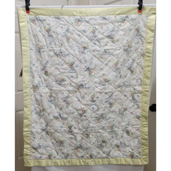 Vintage Precious Moments Bears Baby Quilt Crib Blanket Yellow Satin Trim 36 x 43