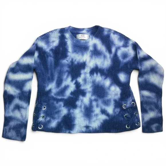 Justice Blue Tie Dye Knit Sweater Girls Size 8 Lace Up Side Detail Pullover