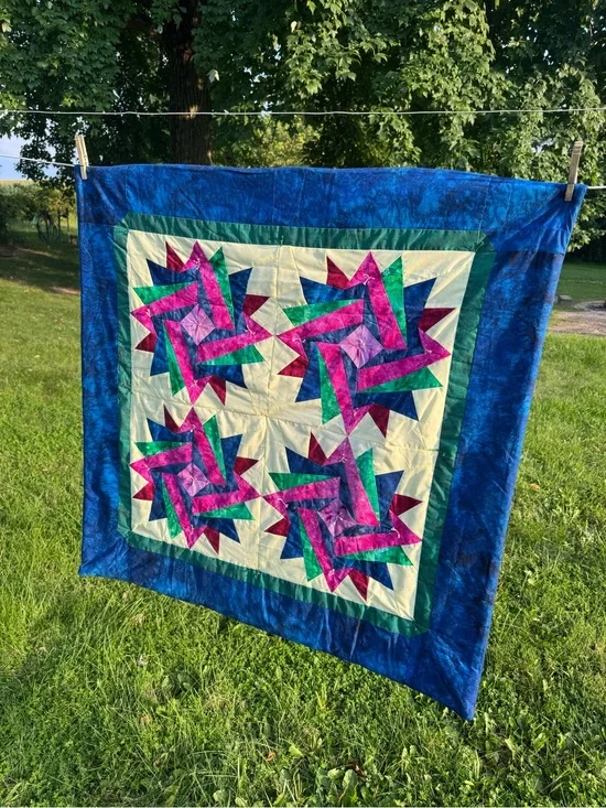 Handmade Tie Lap Quilt Pinwheel Starburst Colorful Blue Throw Grandmacore Rustic