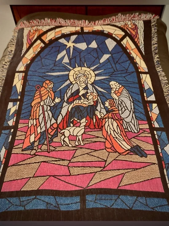 Vintage Nativity Holy Family Afghan Blanket Tapestry Christmas Religious 52x72