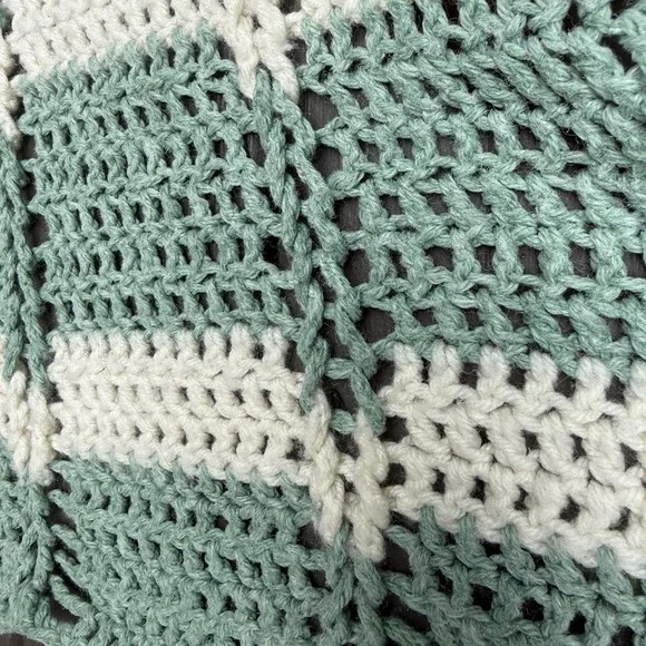 Handmade Crochet Afghan Throw Blanket 53x70 Sage Green Cream Openwork