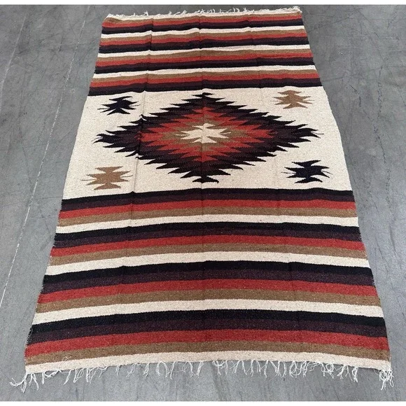 AUTHENTIC Mexican DIAMANTE Blanket Throw Yoga Mat Multi Beige Burnt Orange Black