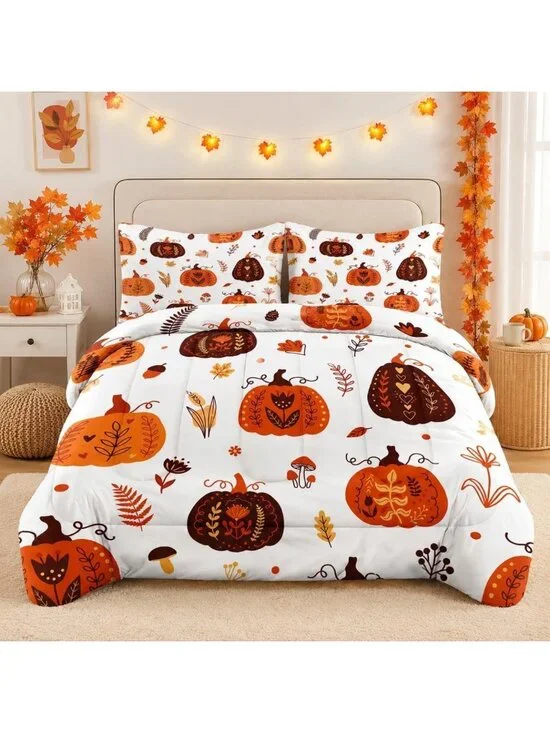 Cozy Autumn Pumpkins King Comforter Set - 3 Piece Fall Bedding Collection