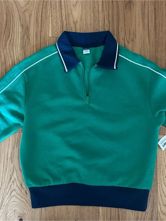 Boys Green Half-Zip Polo Sweatshirt with Navy Trim