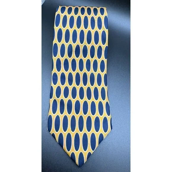 Lands’ End Men’s 100% Silk Neck Tie Yellow Blue Oval