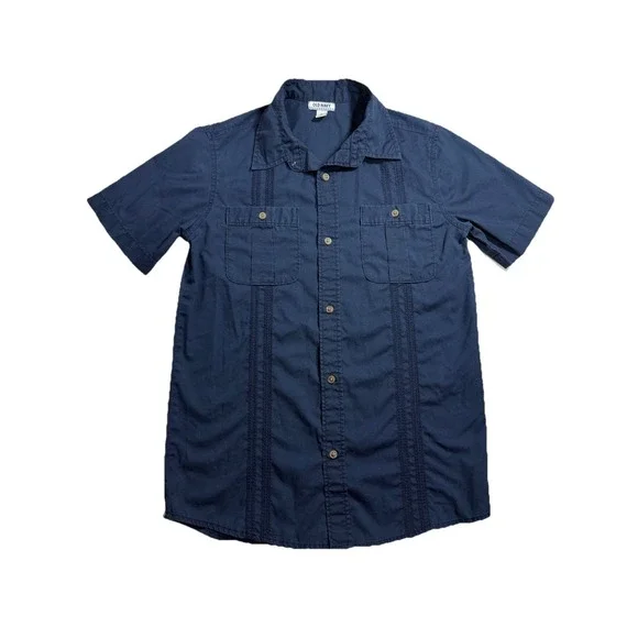Old Navy Boys Navy Blue Short Sleeve Guayabera Embroidered Button Down Shirt XL