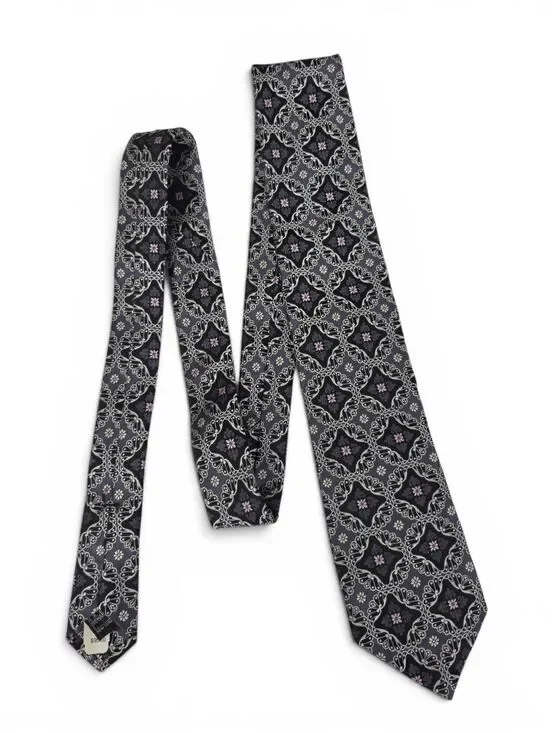 Ike Behar Men's Black Gray Patterned Silk Tie with Subtle Purple Accent Necktie