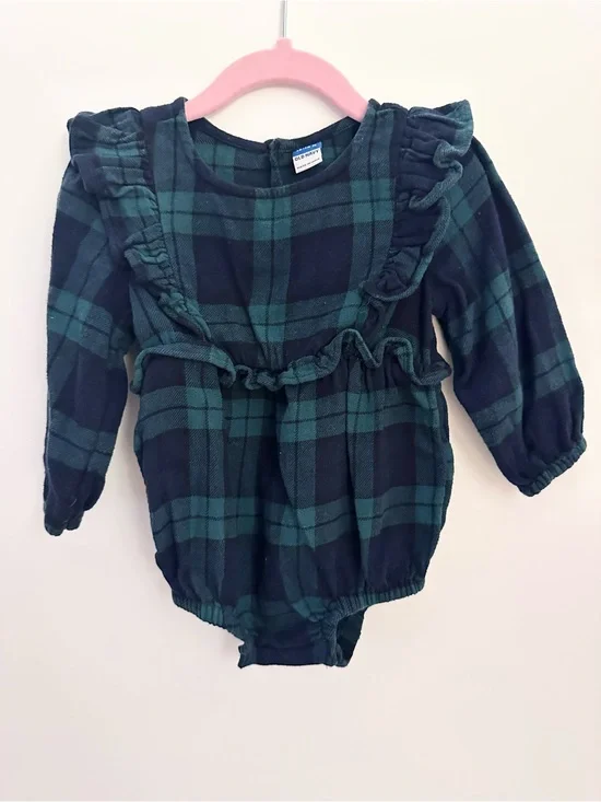 Old Navy Baby Girl Green & Dark Navy Plaid Ruffle-Trim Romper Size 12-18 Months